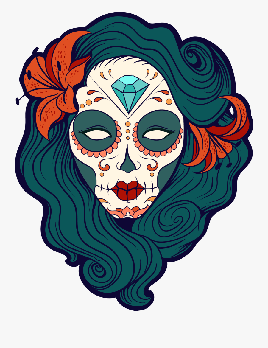 Safflower United Skull Calavera Sticker Makeup Dead - Woman Sugar Skull Png, Transparent Clipart