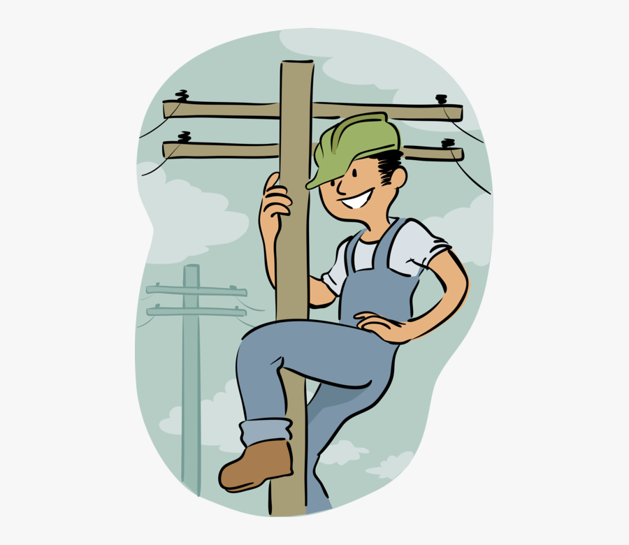 Vector Illustration Of Electrician Lineman Repairs - Pole Vs Poll, Transparent Clipart