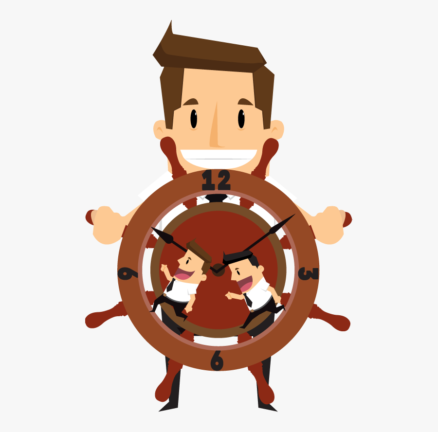 Cartoon Smiling Businessman Sailing A Wooden Rudder - Control En El Trabajo, Transparent Clipart