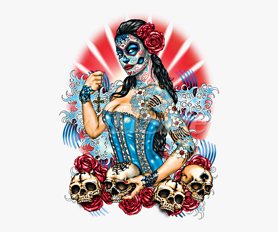 Day Of The Dead Pinup With Skulls And Roses - Pin Up Dia De Los Muertos , F...
