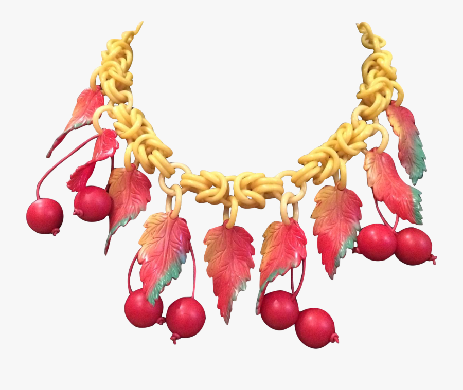 Vintage Red And Yellow Celluloid Cherry And Leaf Necklace, Transparent Clipart