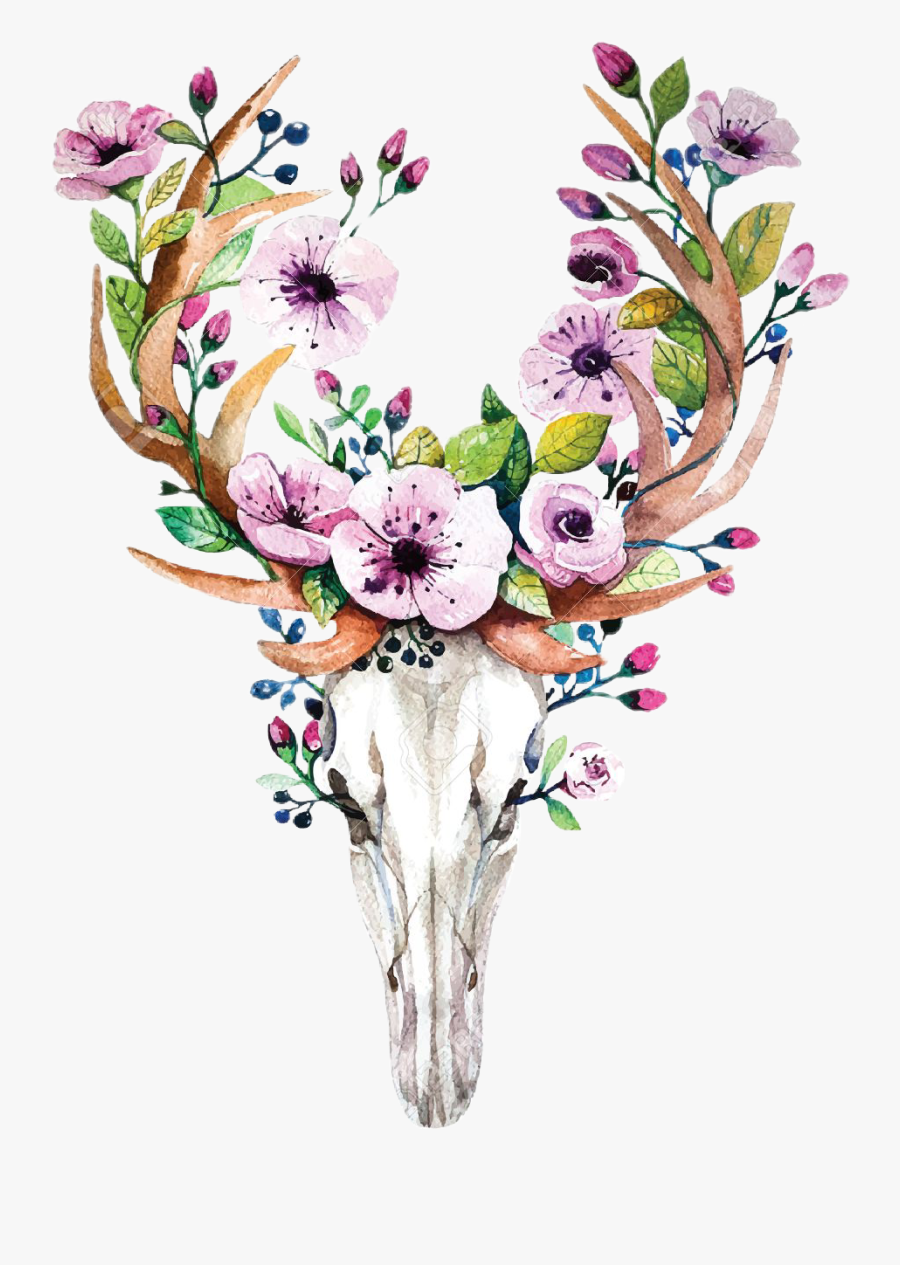 Antler Skull With Flowers, Transparent Clipart