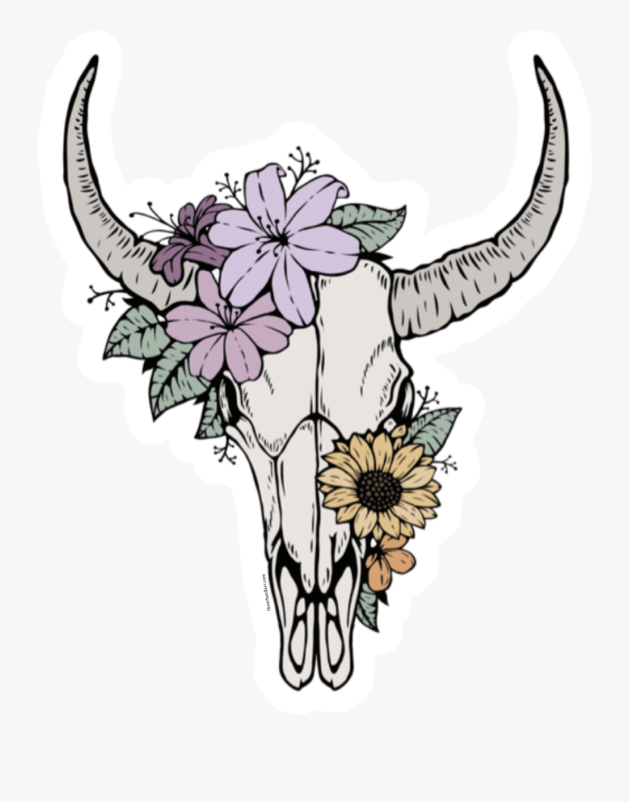 Floral Bull Skull Tattoo, Transparent Clipart