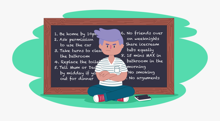 Teen With Crossed Arms Sitting In Front Of Blackboard - Cartoon, Transparent Clipart
