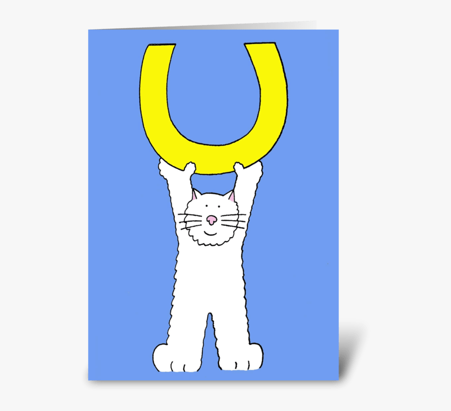 Good Luck Fluffy White Cat And Horseshoe Greeting Card - Cartoon, Transparent Clipart