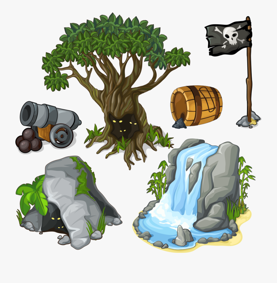 Clip Art Vector Tree With Falls - Cartoon Pirate Cave, Transparent Clipart