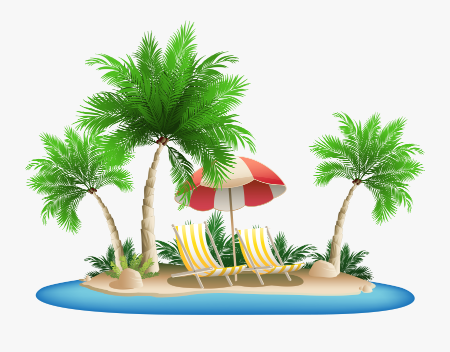 Beach Umbrella With Chairs And Palm Island Png Clipart - Clip Art Beach Transparent Background, Transparent Clipart