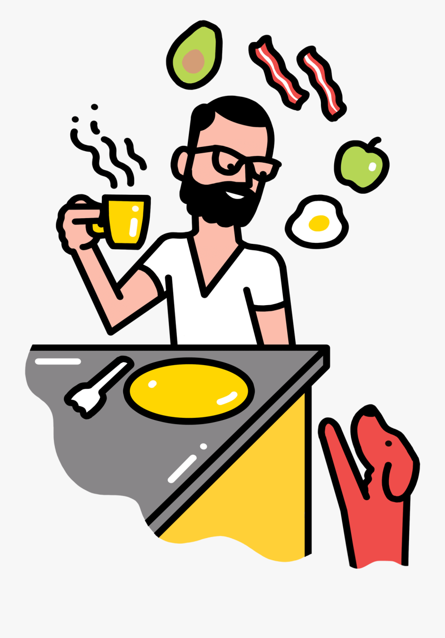 Creative Cooking Bacon Eggs Fruit And Coffee For Breakfast - Modern People Illustration, Transparent Clipart
