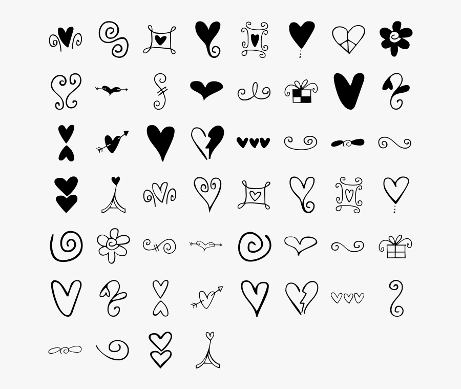 Hearts And Swirls Dingbat Specimen - Hearts And Swirls, Transparent Clipart