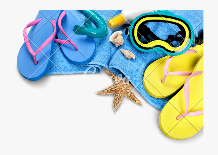 Flip-flops, Towel, Sun Cream, Diving Mask And Seashells - Marine Invertebrates, Transparent Clipart