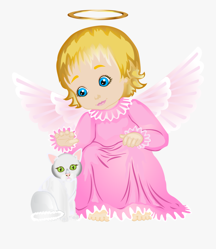 Cute Angel With White Kitten Transparent Png Clip Art, Transparent Clipart