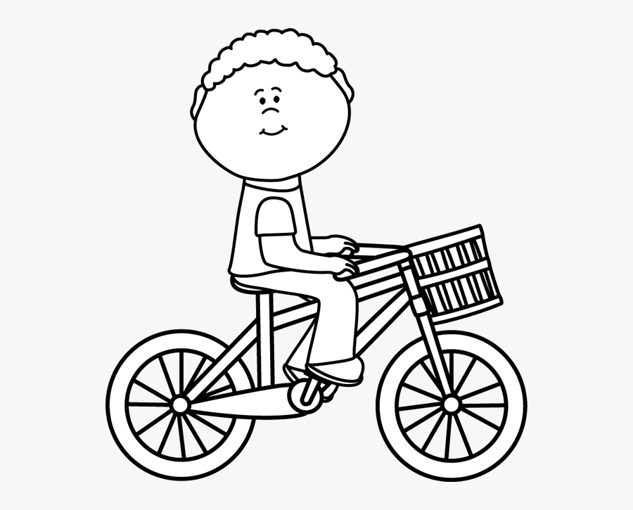 Black Amp White Boy Riding A Bicycle With A Basket - Cycling Clipart Black And White, Transparent Clipart