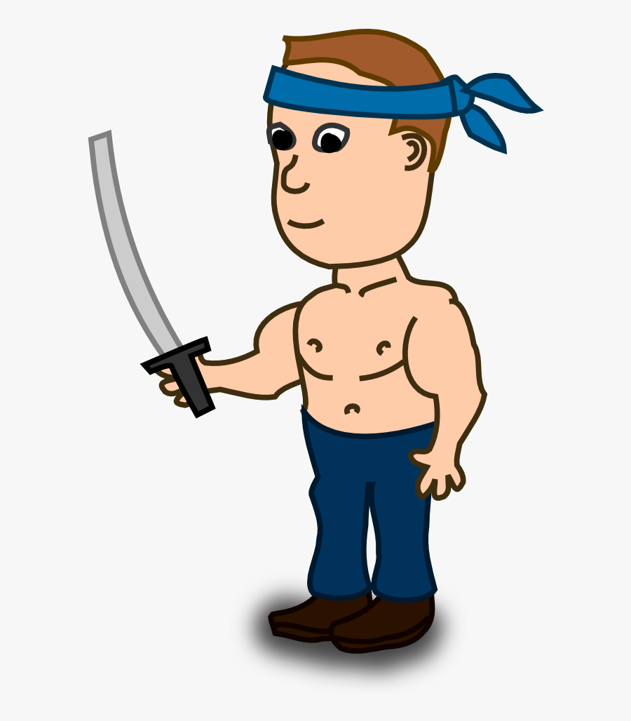 Man Holding Sword And Wearing Head Band - Cartoon Guy With Sword, Transparent Clipart