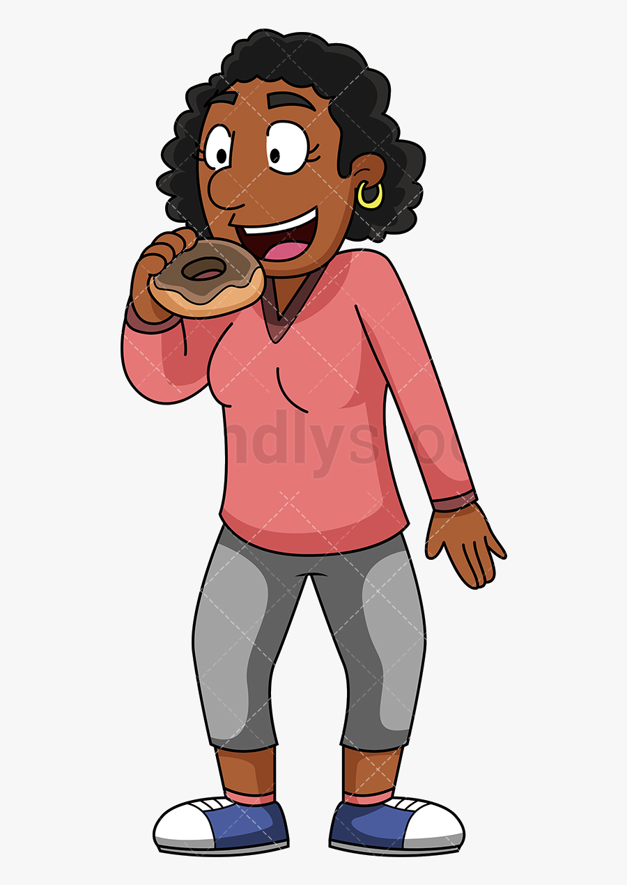 Eating Black Woman Donut Vector Cartoon Clipart Transparent - Cartoon, Transparent Clipart
