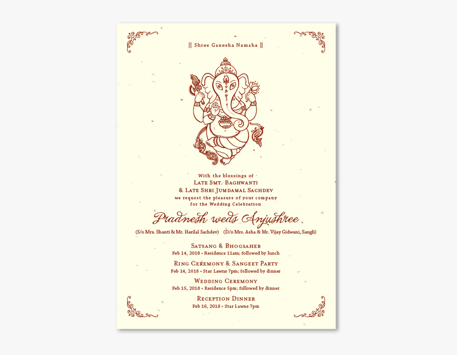 Indian Ganesha Wedding Invitations On Seeded Paper - Wedding Followed By Lunch, Transparent Clipart