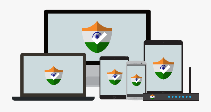 An Array Of Devices Each With An Indian Flag Shield - South Africa Vpn App, Transparent Clipart