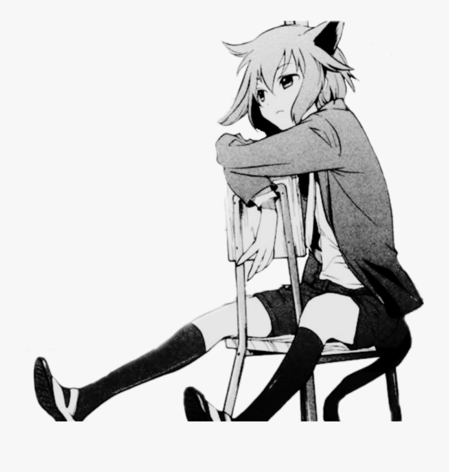 Sad Neko Animegirl Chair Cattail Catears Freetoedit - Neko Black And White, Transparent Clipart