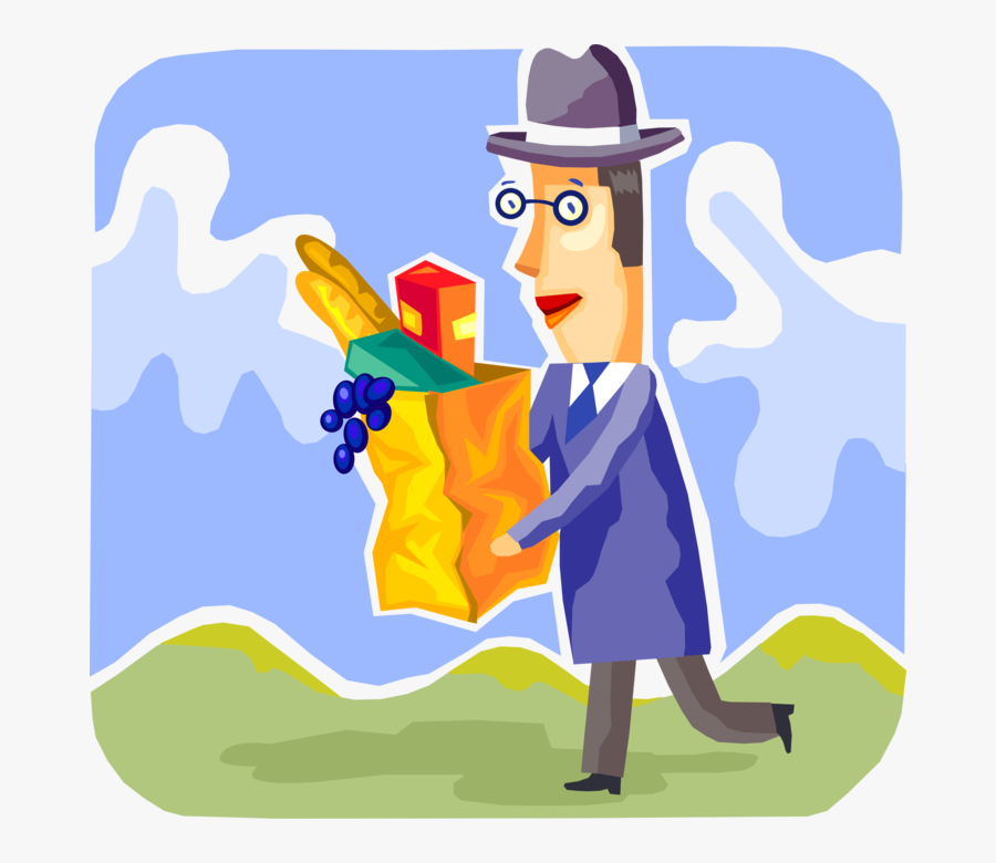 Vector Illustration Of Businessman Shopper Buys Groceries - Cartoon, Transparent Clipart