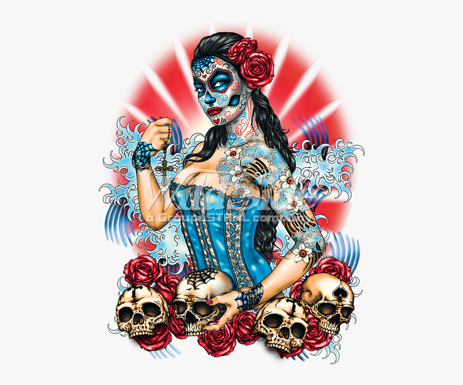 Day Of The Dead Pinup With Skulls And Roses - Pin Up Dia De Los Muertos, Transparent Clipart