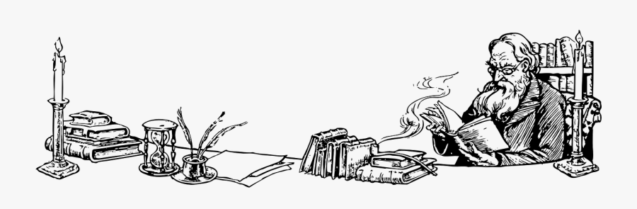 Man, Reading, Book, Desk, Table, Candle, Studying - Reading In A Library Illustration Black And White, Transparent Clipart