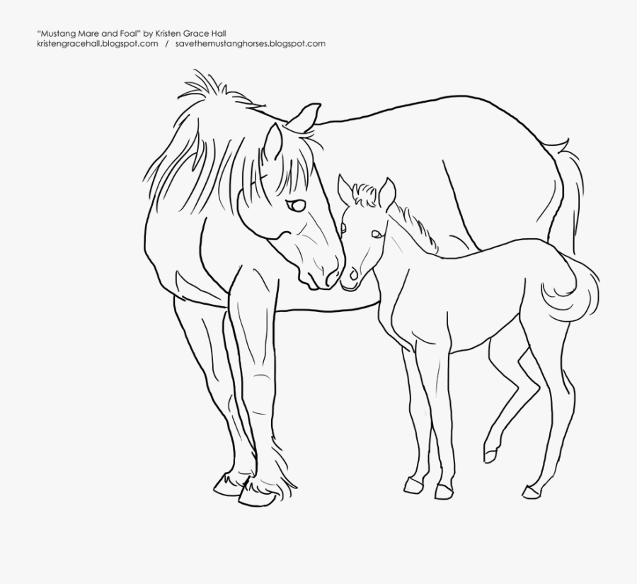 Mustang Lineart Black And White - Horse And Foal Coloring Pages, Transparent Clipart