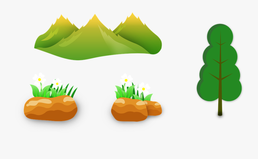 Mountains, Tree, Grass, Stones, Mud, Flower, Design, Transparent Clipart