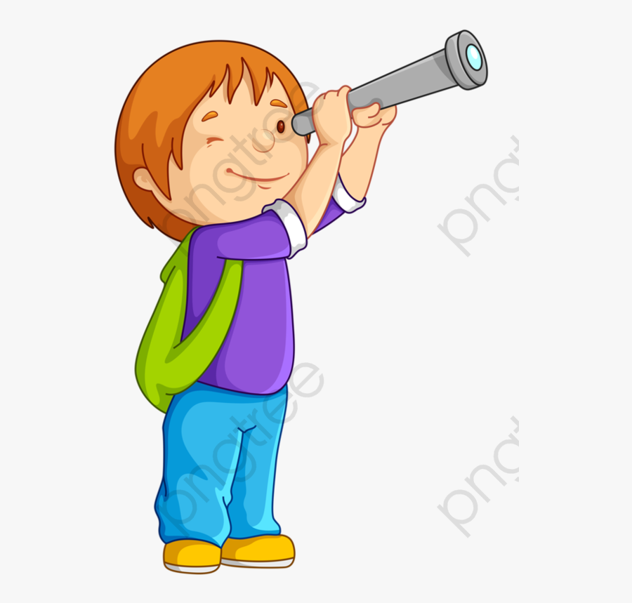 Cartoon Boy Watching Binoculars, Cartoon Clipart, Boy - Boy With Telescope Clipart, Transparent Clipart