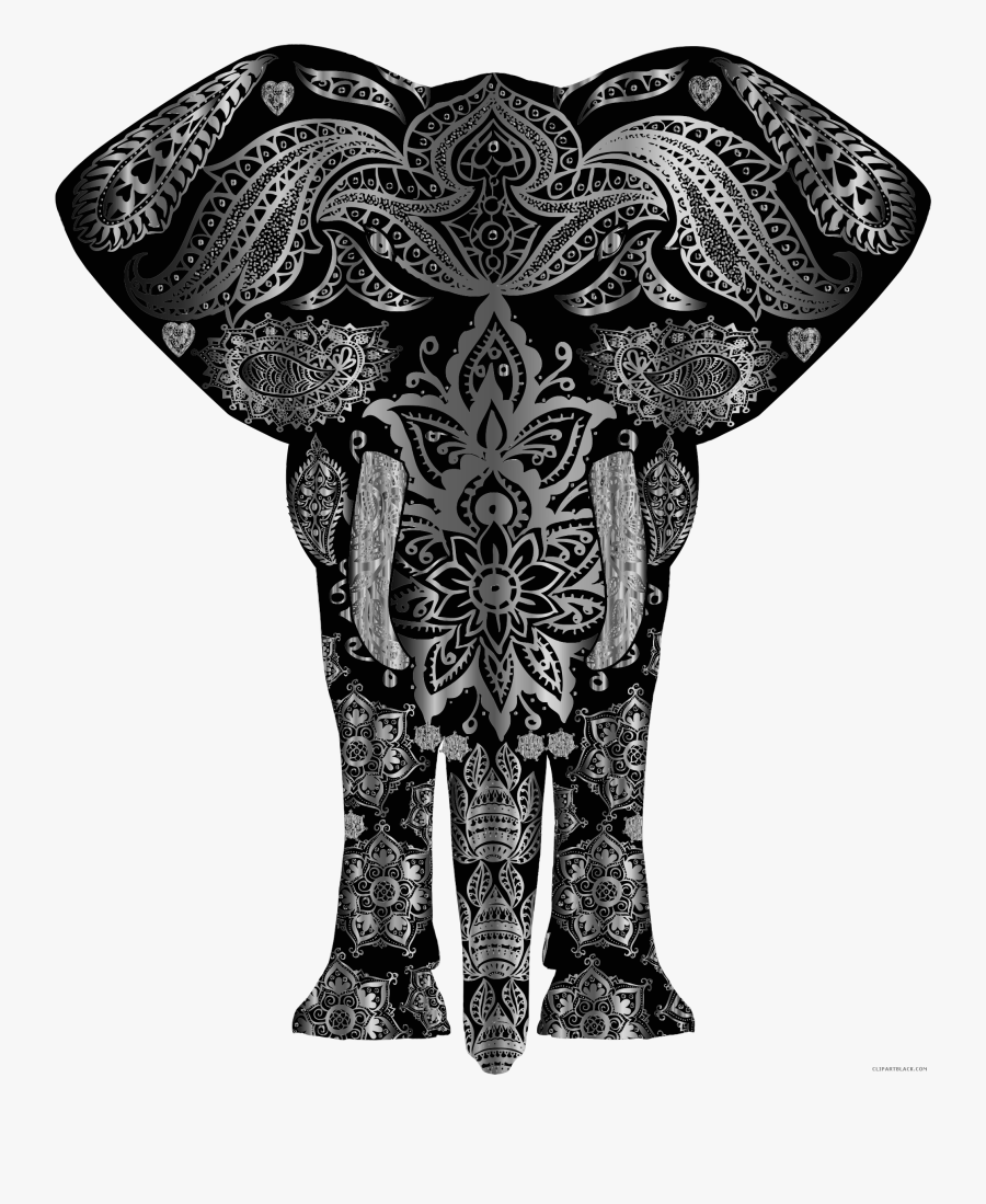 Floral Pattern Elephant Animal Free Black White Clipart - Elephant With Pattern, Transparent Clipart
