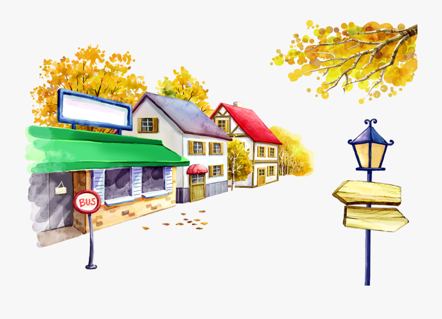 And Bus Stop Illustration Houses Street Cartoon Clipart - Cartoon Houses And Street, Transparent Clipart