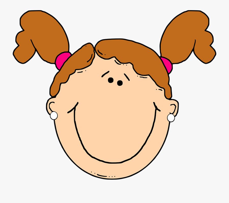 Girl, Pigtails, Earrings, Brown, Happy, Smile - Girl Face Cartoon Black And White, Transparent Clipart