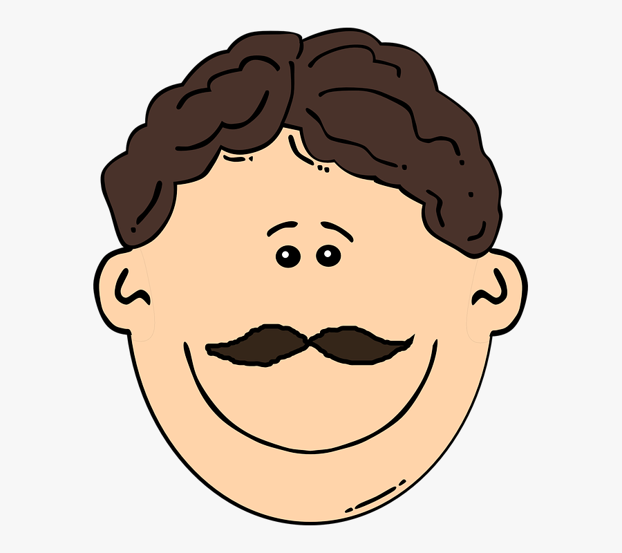 Man, Mustache, Brunette, Brown, Face, Head, Happy - Black Hair Cartoon Man, Transparent Clipart