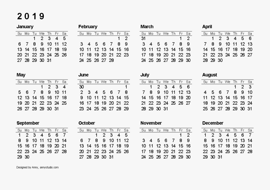 2019 Calendar Free Download Png - 12 Month Free Printable 2019 Calendar Printable, Transparent Clipart