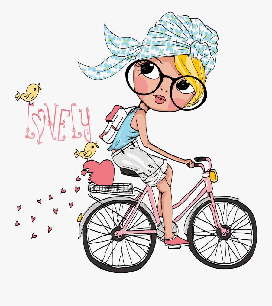 Bicycle Girl Clip Art - Cartoon Girl With Bicycle, Transparent Clipart