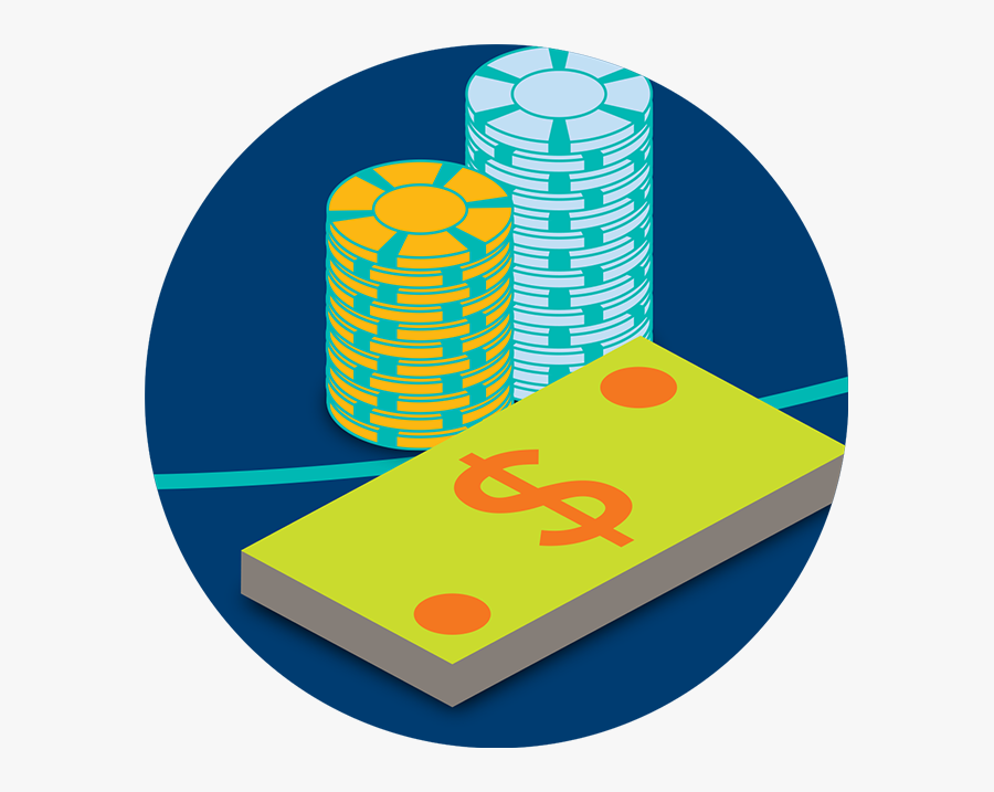 Two Stacks Of Poker Chips Next To A Stack Of Cash - Circle, Transparent Clipart