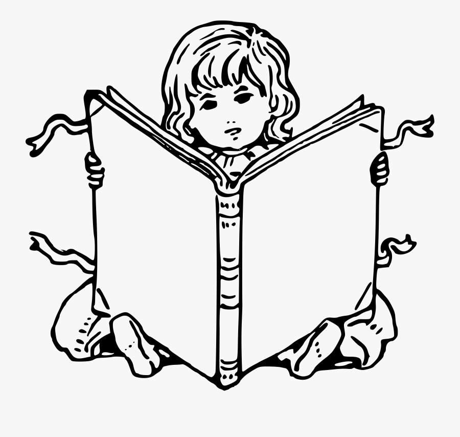 Child With Book 2 Graphic Freeuse Stock - Girl Reading A Book Cartoon Black And White, Transparent Clipart