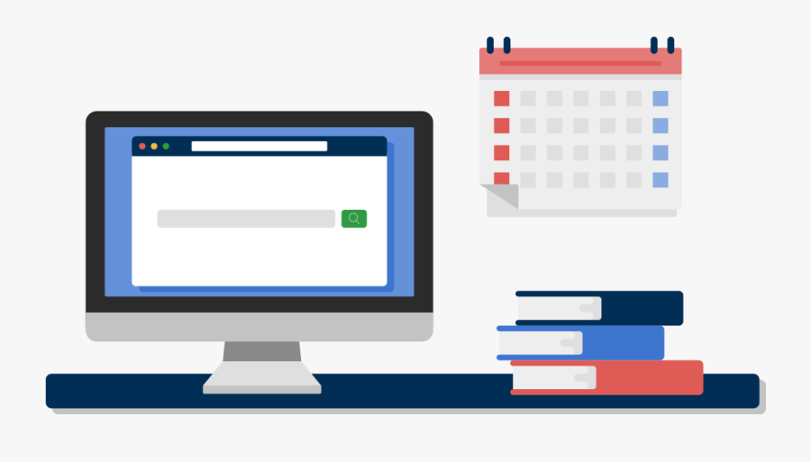 Desktop Computer Next To A Stack Of Books And Calendar - Books Vs Computers Png, Transparent Clipart