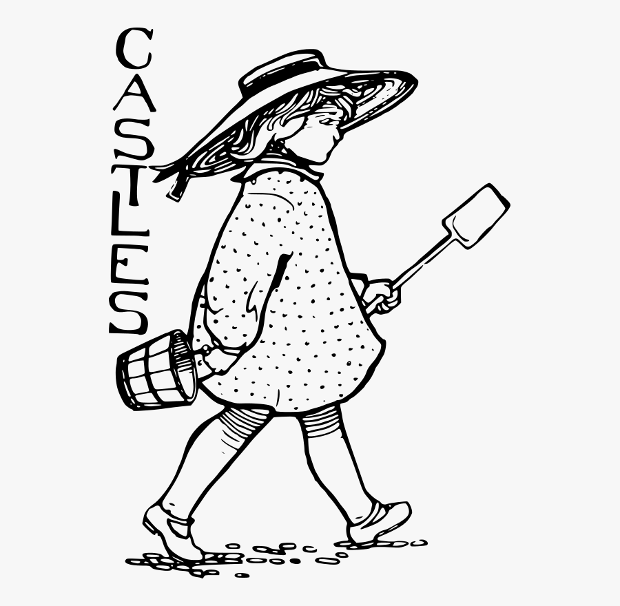 Girl Sand Castle - Public Domain Illustration Vintage Art Black And White, Transparent Clipart