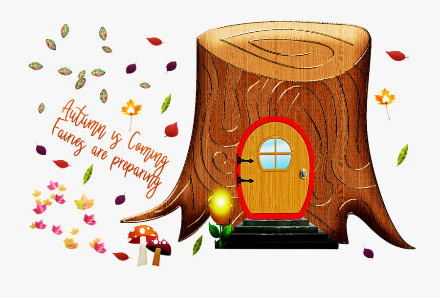 Fairy Door Tree, Tree Trunk, Fairies, Faeries, Autumn - Illustration, Transparent Clipart