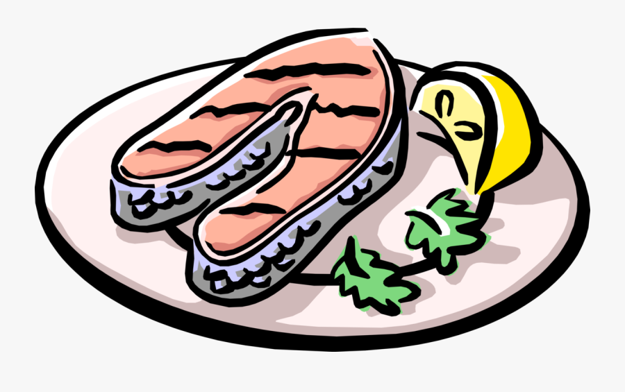 Vector Illustration Of Grilled Salmon Served On Plate - Grilled Fish Clipart Png, Transparent Clipart