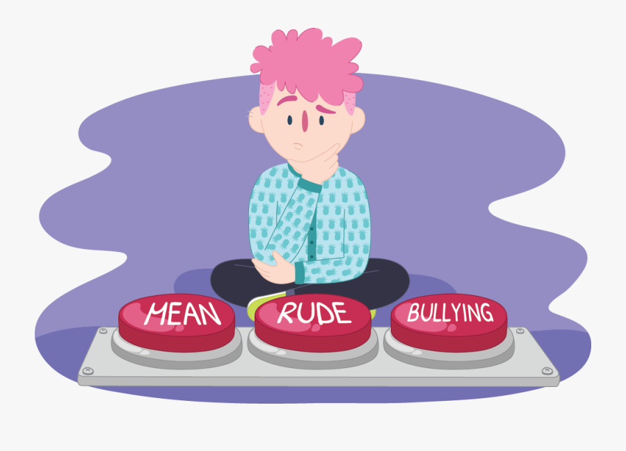Confused Teen Sitting In Front Of Three Buttons Saying - Rude Mean Or Bullying, Transparent Clipart