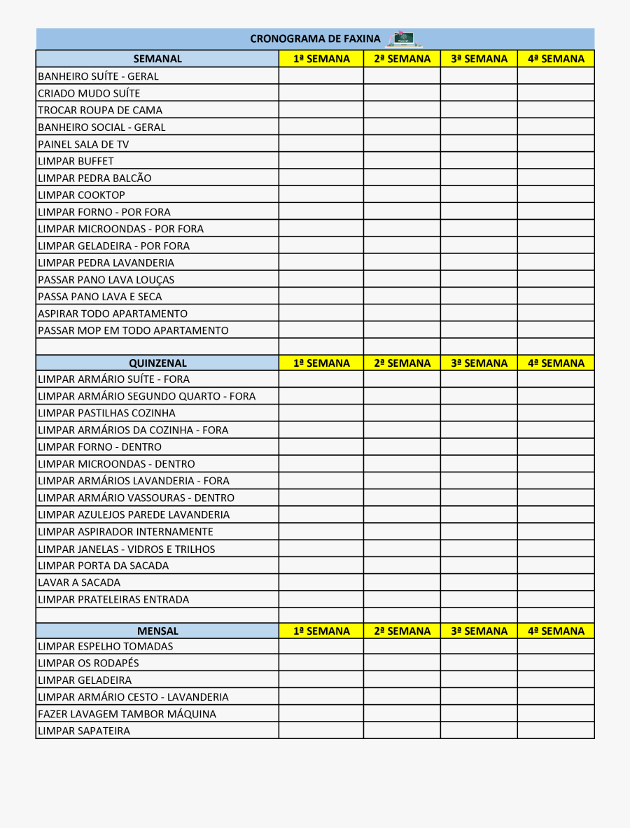 Clip Art Planilha Semanal - Cronograma De Faxina Em Casa, Transparent Clipart