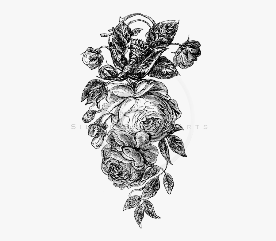 Transparent Rose Bouquet Clipart Black And White - Vintage Flower Png Black And White, Transparent Clipart