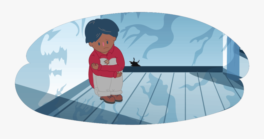 Little Boy Sitting Alone In A Room Surrounded By Shadows - Cartoon, Transparent Clipart