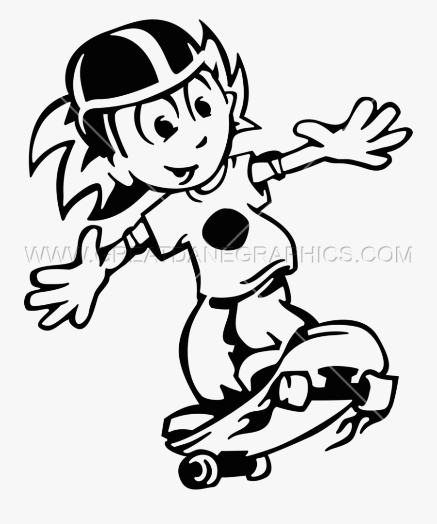 Cartoon Girl Skateboarder - Black And White Cartoon Girl Skateboarding, Transparent Clipart