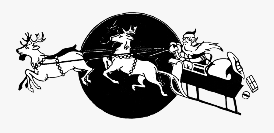 Santa"s Sledge At Christmas Night - Santa And Reindeer Clip Art Black And White, Transparent Clipart