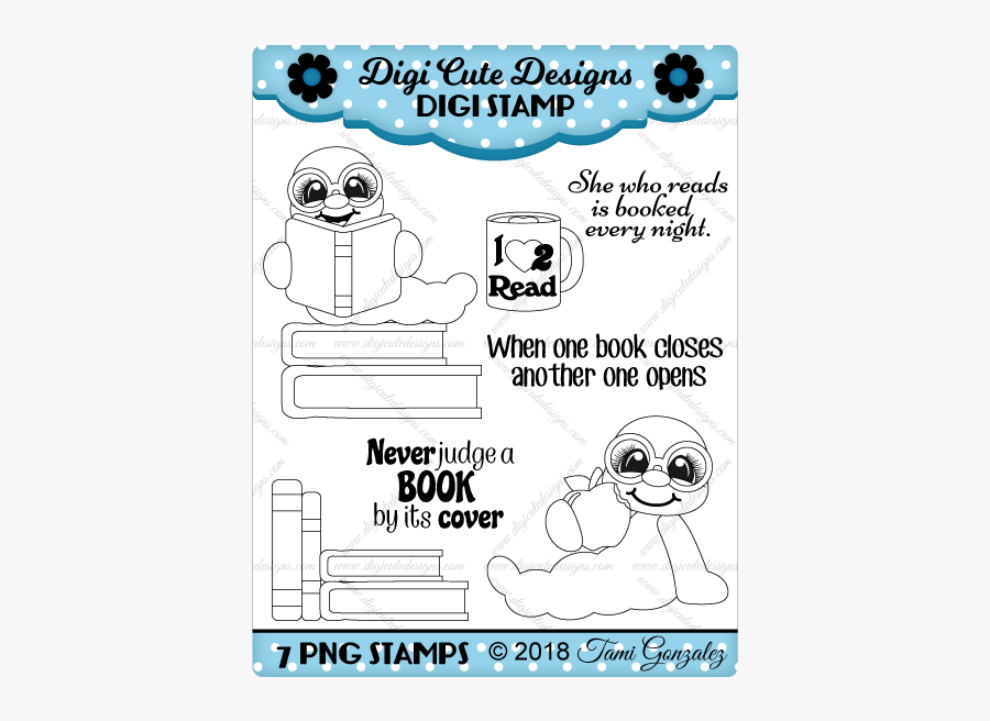 Bookworms Digi Stamp-books, Reading, Worm, Glasses, - Postage Stamp, Transparent Clipart