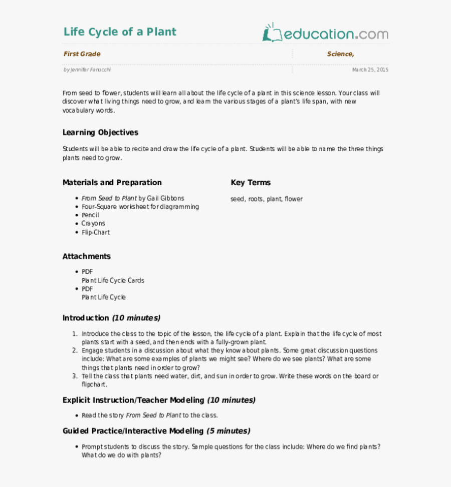Life Cycle Of A Plant Lesson Plan Education Com Lesson - Lesson Plan, Transparent Clipart