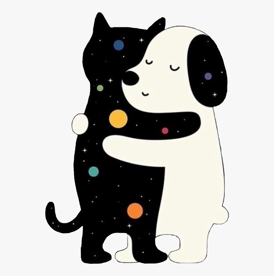 #interesting #art #hugs #hug#cat#dog#cute #space #catanddog - Dog Cat Love Cartoon, Transparent Clipart