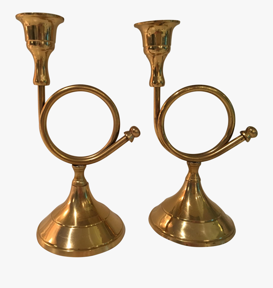 20th Century Traditional Brass French Horn Candleholders - Brass, Transparent Clipart
