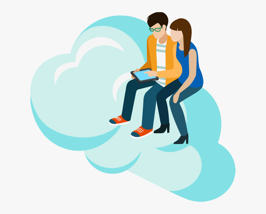 Man Showing Woman Tablet Pc On Cloud - Clip Art, Transparent Clipart